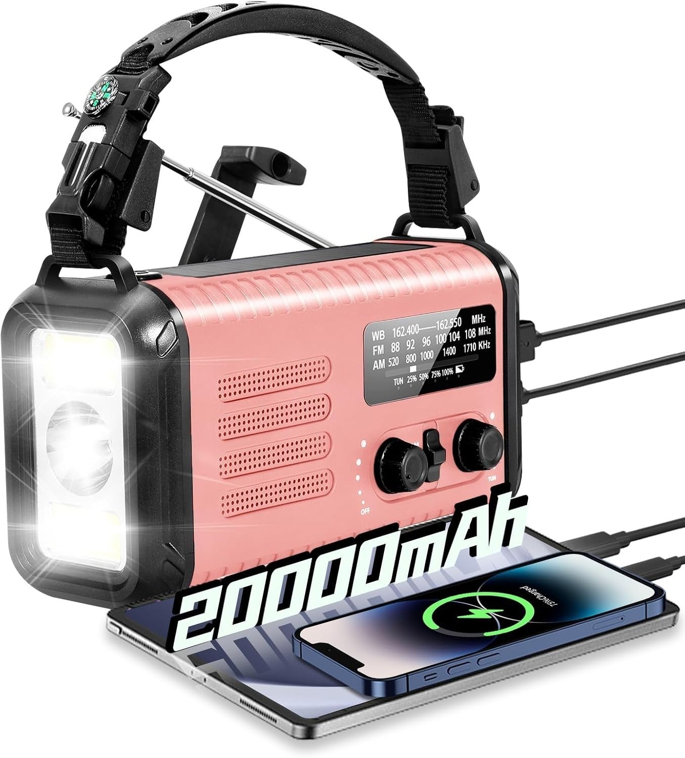 Wind Up Pink Solar Emergency Radio with 20000mAh Battery, AM/FM & Flashlight