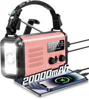 Wind Up Pink Solar Emergency Radio with 20000mAh Battery, AM/FM & Flashlight