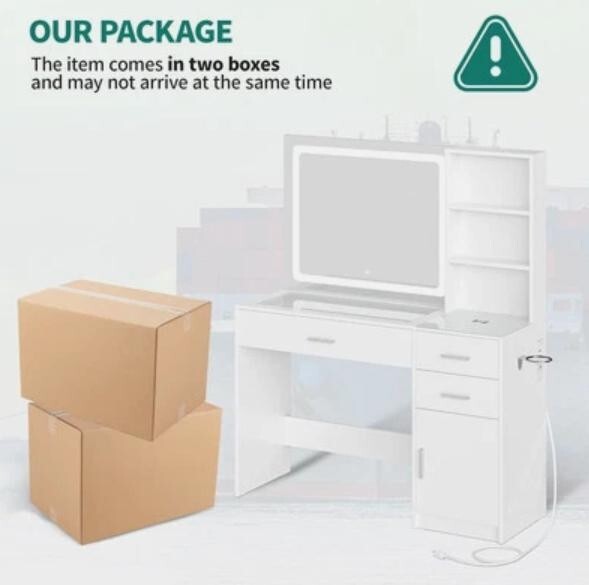 White LED Vanity Desk Set w/ Mirror Stool, USB, Storage & Wireless Charging