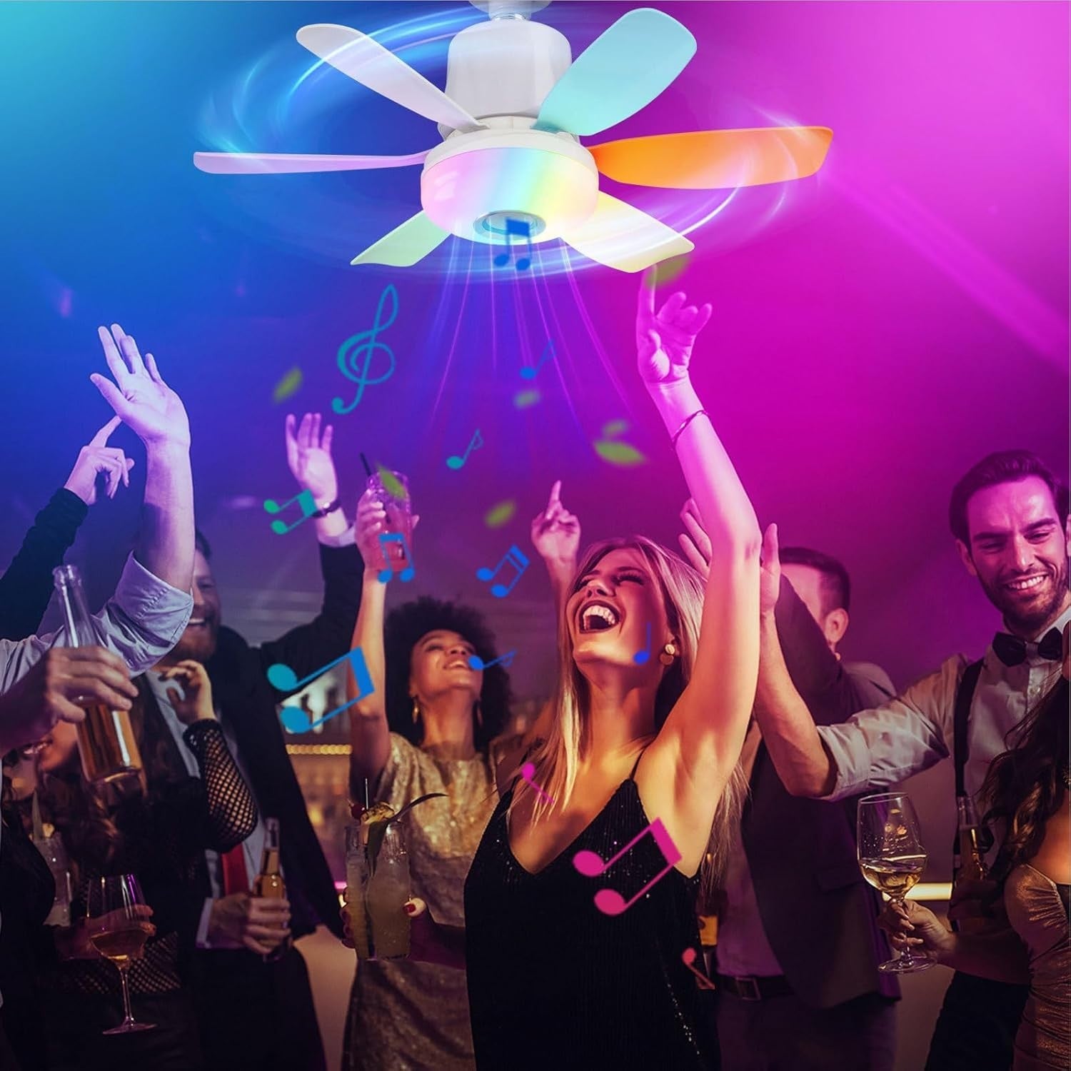 Lruvaqi 32W RGB Ceiling Fan Light, Dimmable LED, Bluetooth Music – Colorful