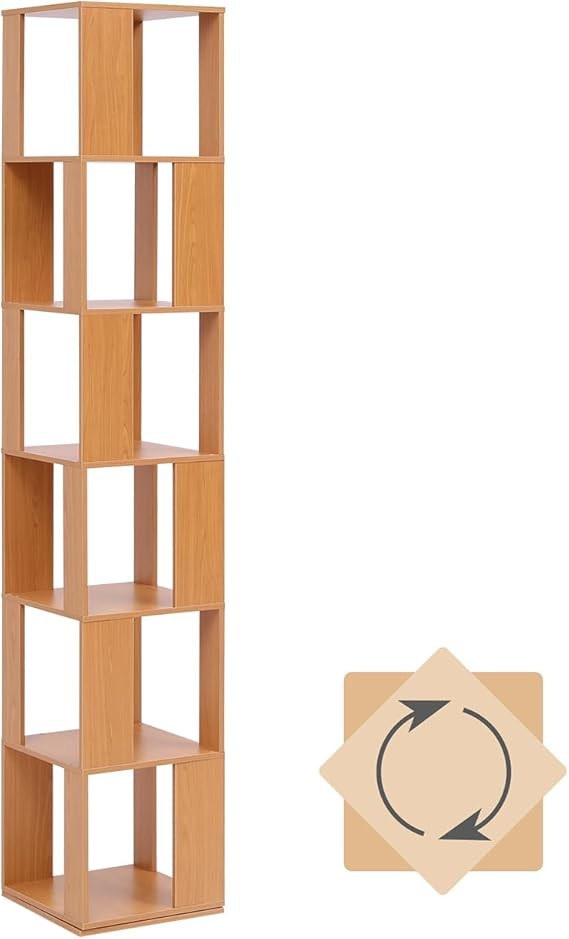 Rotating 6-Tier Tall Bookshelf Slim Corner Display Storage Rack Beech Wood