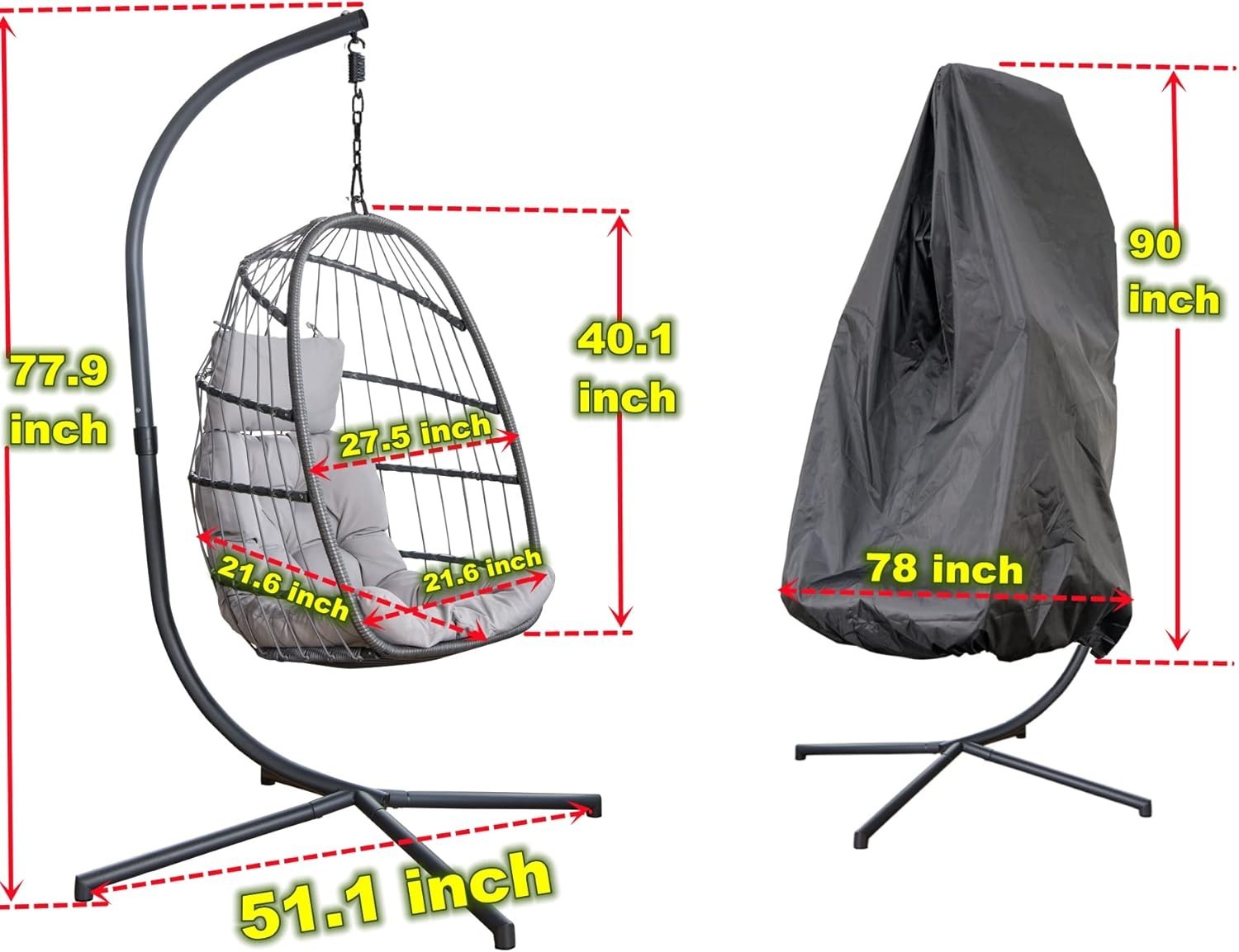 Hanging Swing Egg Chair with Stand & Soft Cushion for Indoor Outdoor Grey