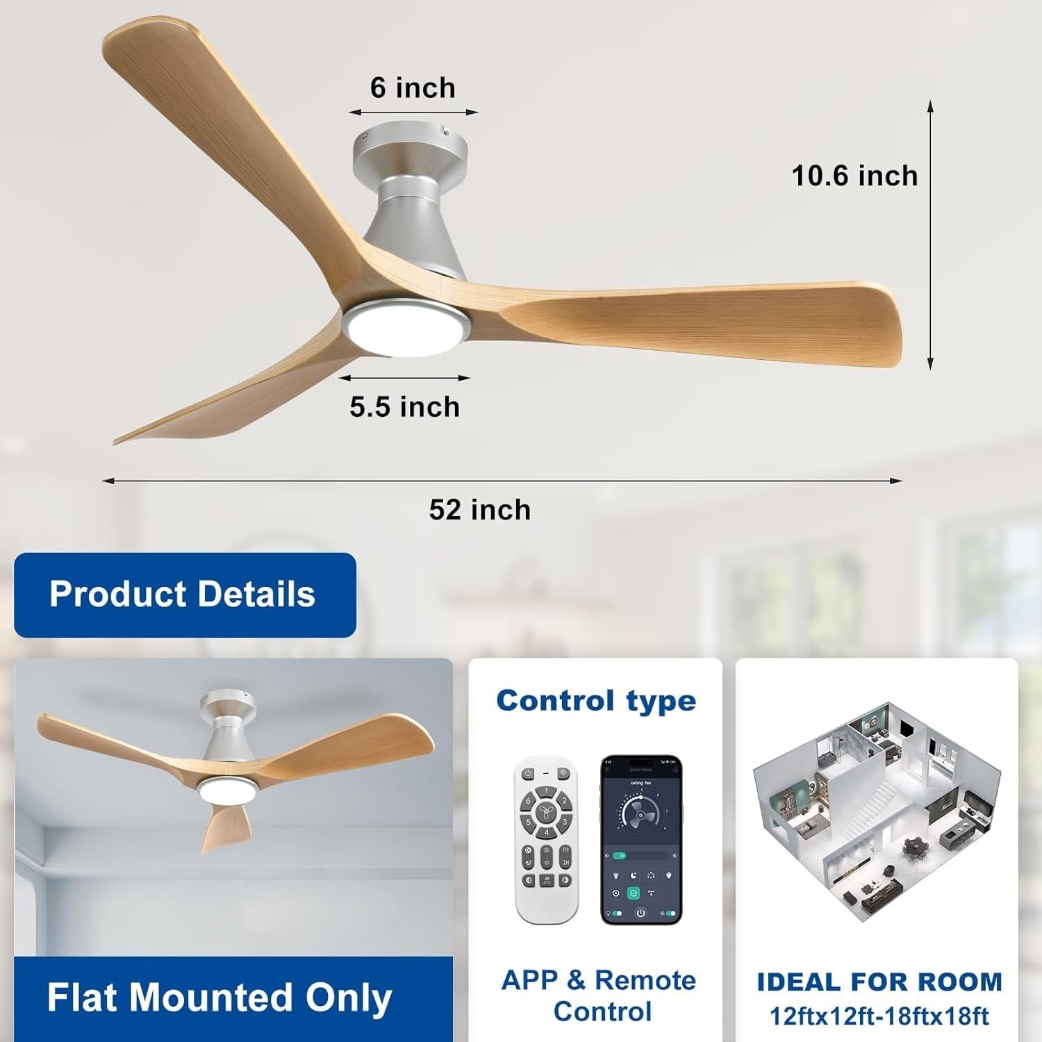52" Ceiling Fan Light, 3-Blade Grainy Wood LED, Quiet Reversible DC