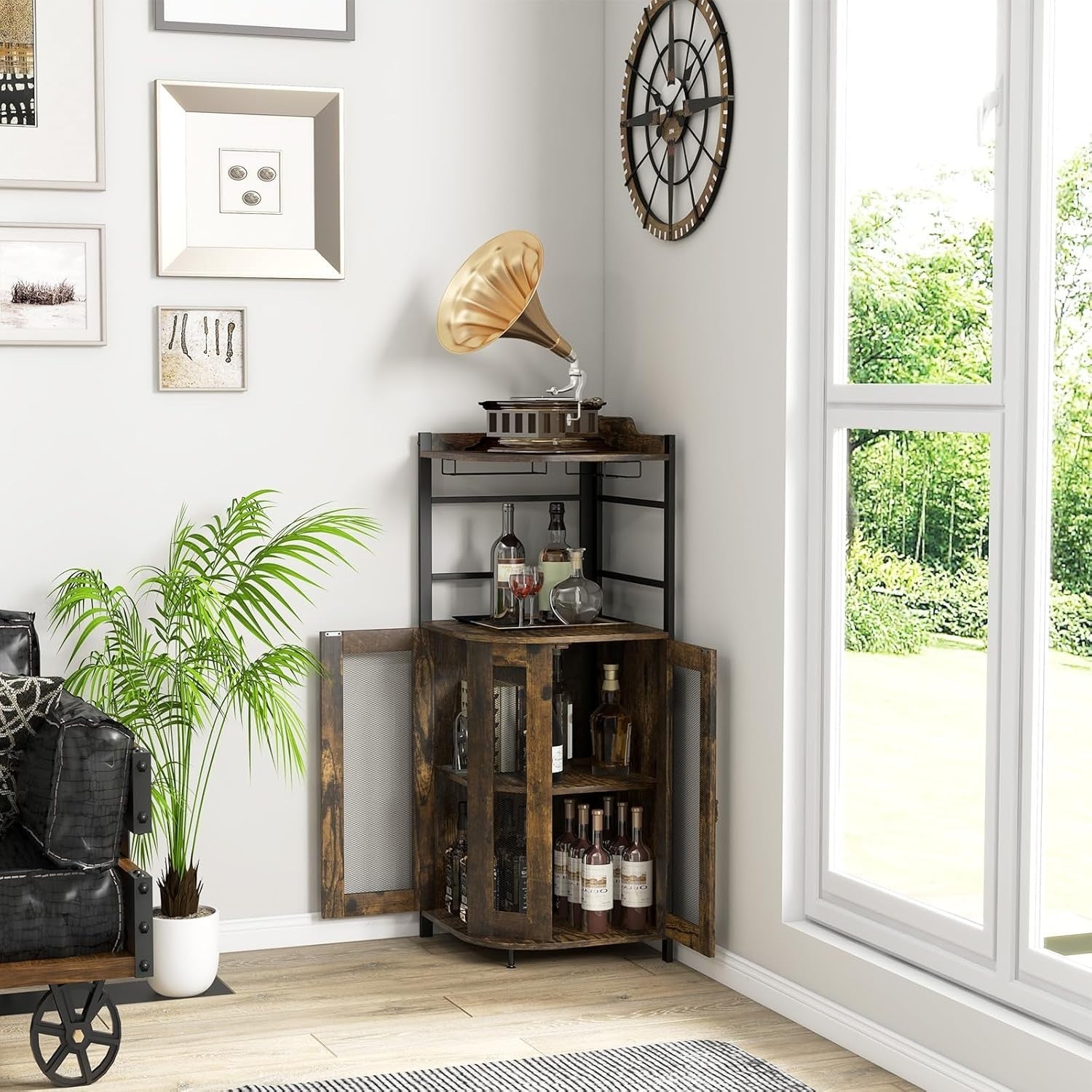 Corner Bar Cabinet with Wine Rack, Glass Holders & Shelf Rustic Industrial Unit