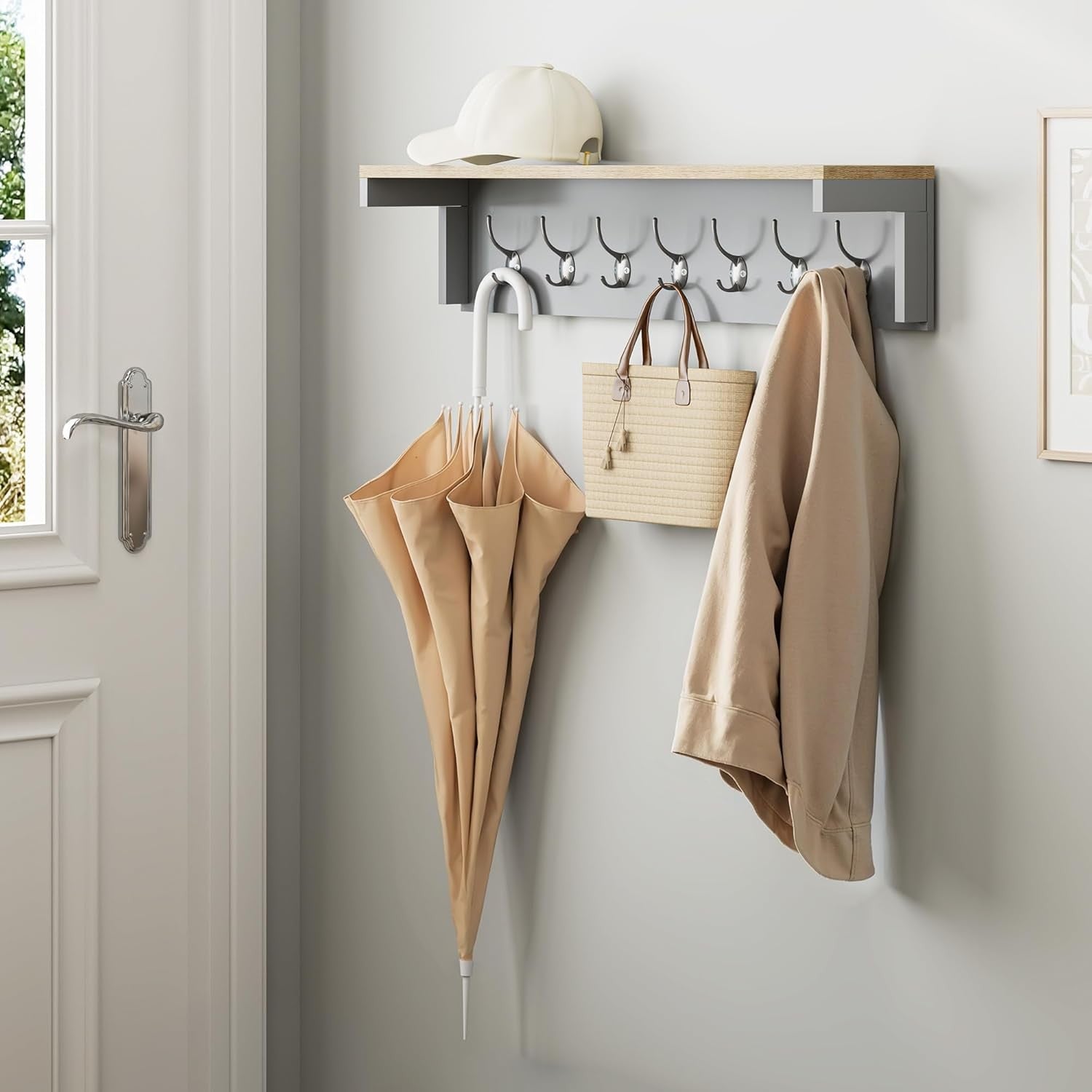 Wall Mounted Coat Rack with Shelf | 7 Double Hooks Grey Wooden Hall Organiser