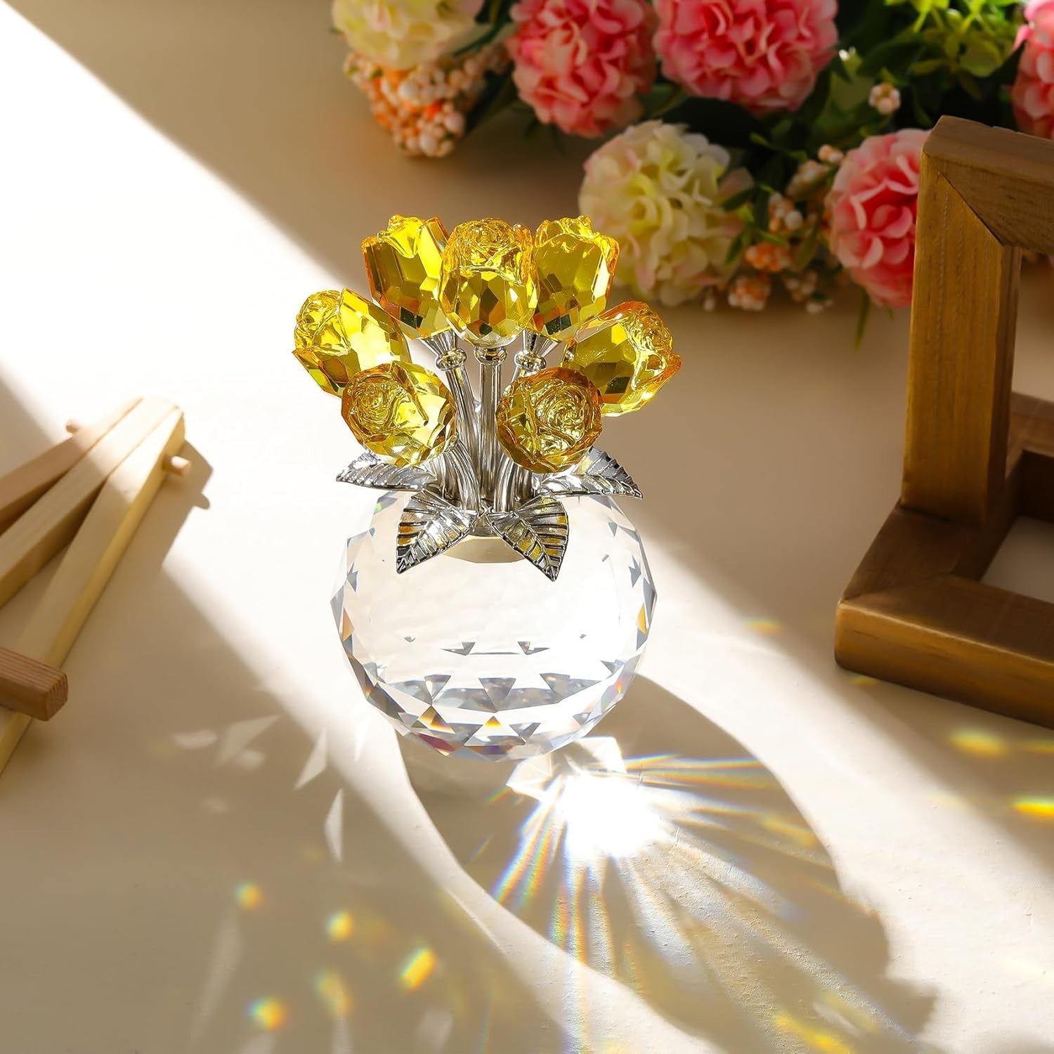 Yellow Crystal Rose Bouquet Ornament Gift for Mum Women Birthday Valentine Decor