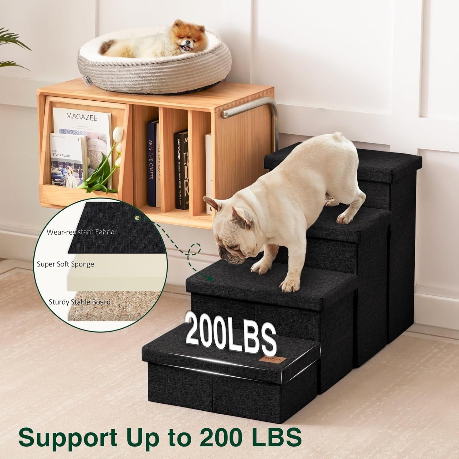 Dog Stairs 4 Step with Storage Foldable Pet Steps Black 200lb