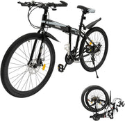 26" Folding Mountain Bike 21-Speed Dual Disc Brakes Adjustable Saddle