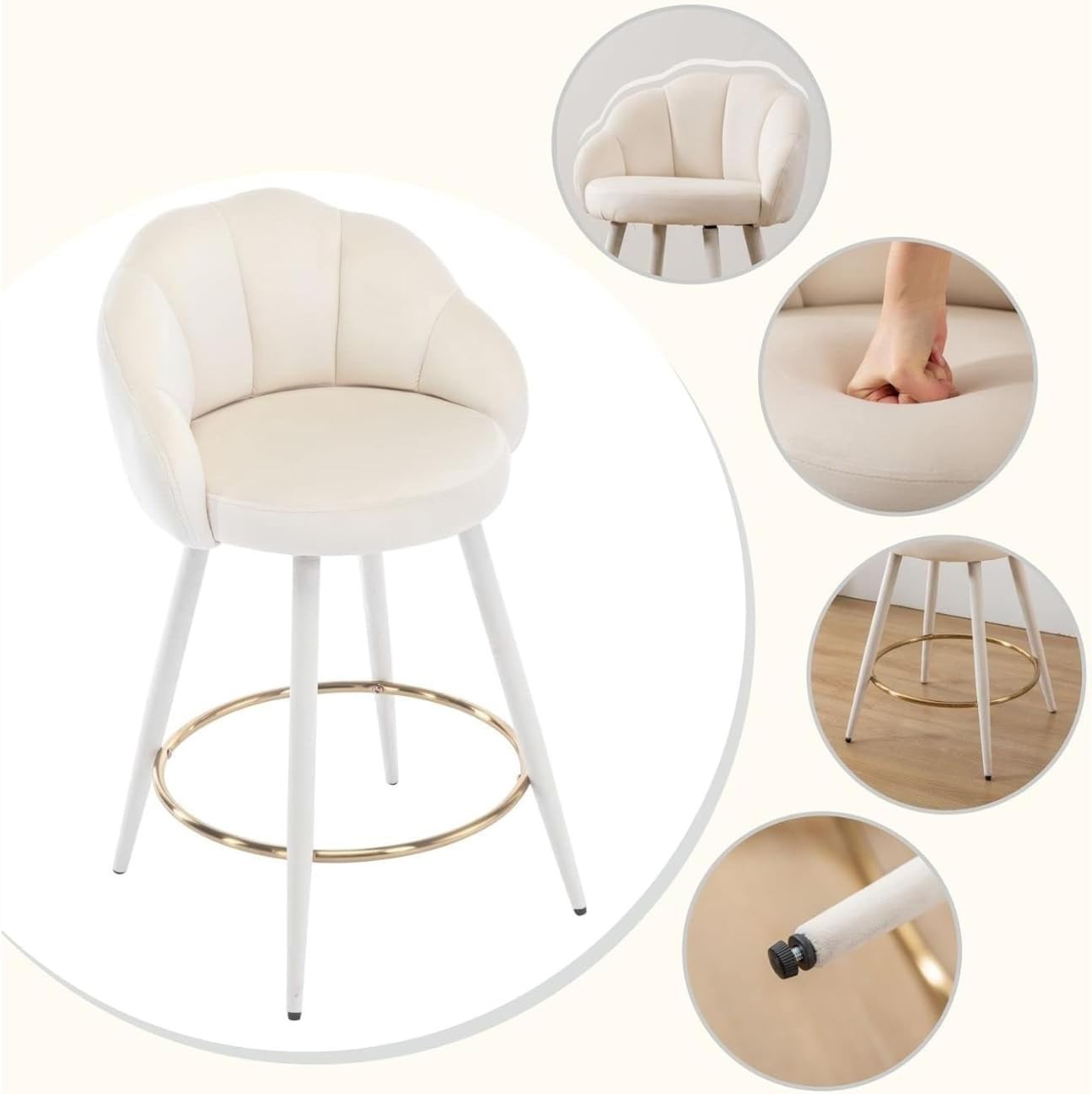 Beige Velvet Bar Stools Set of 2 Modern Kitchen Counter Breakfast Chairs