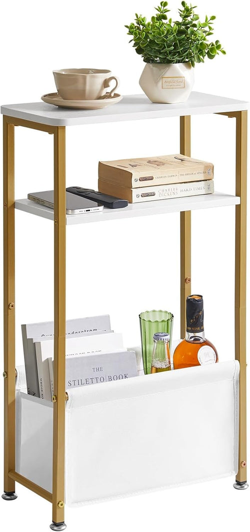 Slim White & Gold 3-Tier Side Table with Storage Basket – Narrow Bedside/End Tab