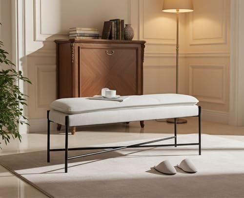 Beige Linen Upholstered Ottoman Bench Metal Frame Seat 115x37x48cm