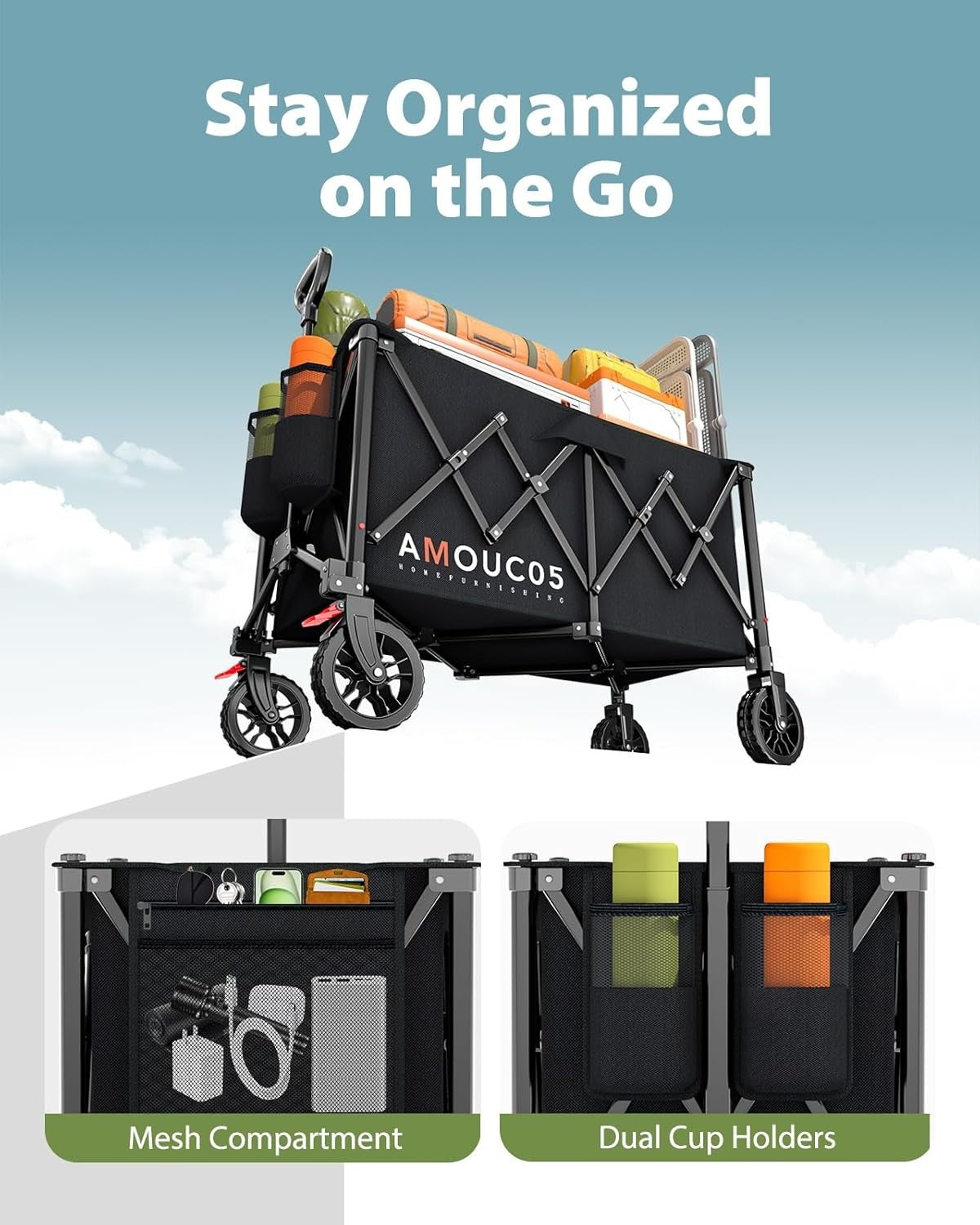 Black Heavy Duty 160L Folding Festival Trolley 360° Wheels Brakes 150kg Cart
