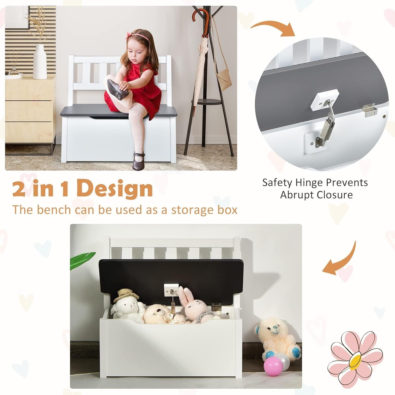 Kids Table Chair Set with Storage Bench 4pc Furniture Grey Playroom Desk