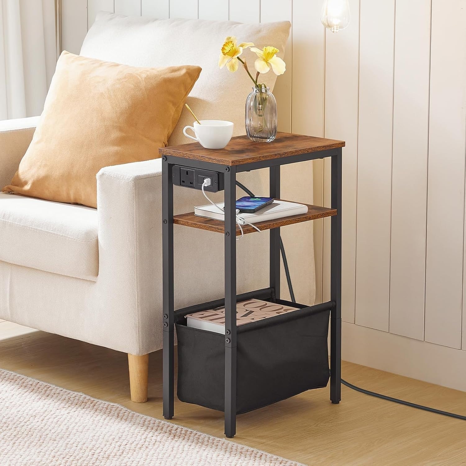 Slim Charging Side Table with USB Ports & Power Outlet, Rustic Storage