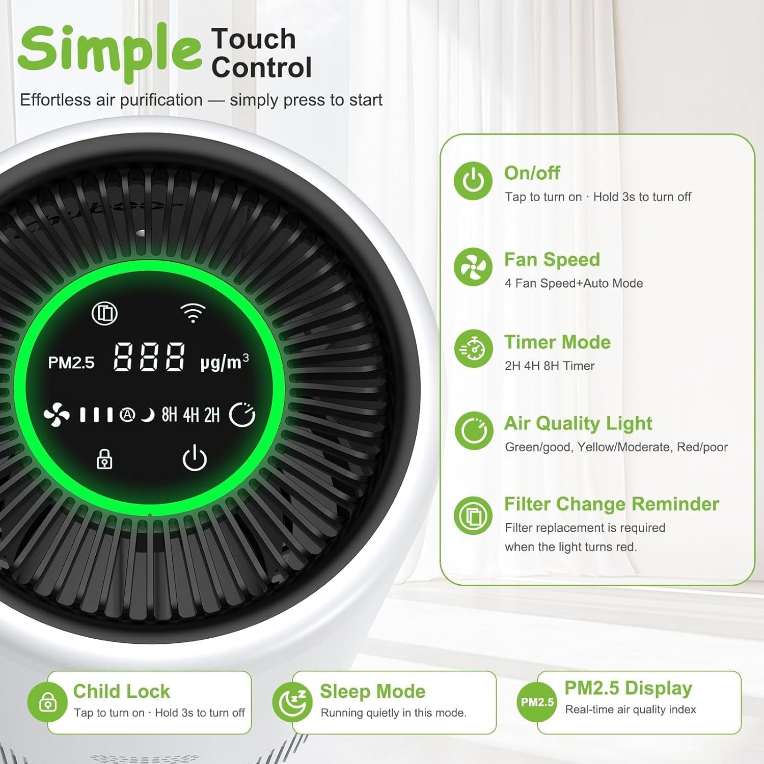 WiFi HEPA Air Purifier for Pets PM2.5 Auto Sleep Mode Large Room