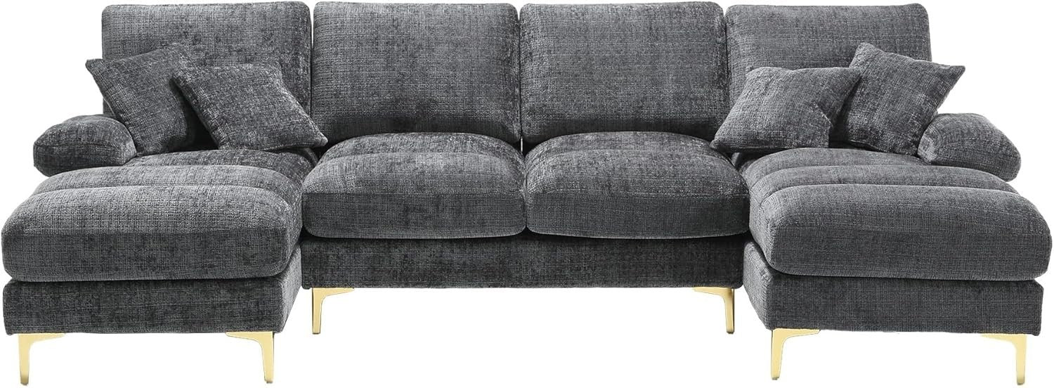 4 Seater U-Shaped Sofa Grey Chenille Sectional with 2 Chaise Lounges