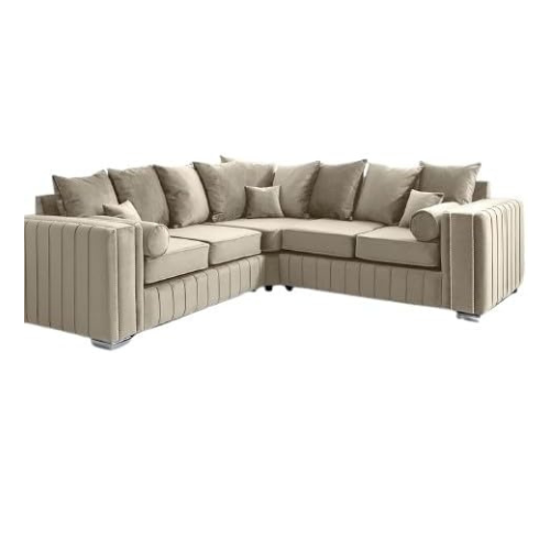 Cream Velvet Corner Sofa 5 Seater 2C2 L-Shaped Couch with Chrome Legs