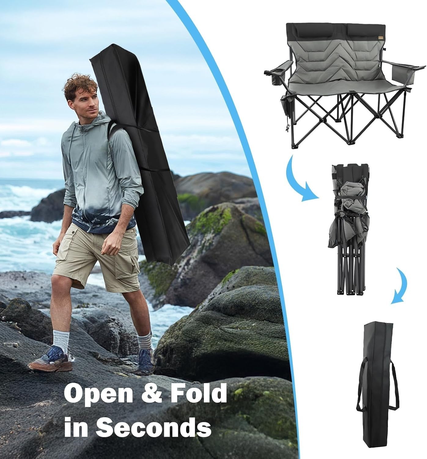 2 Seat Folding Padded Camping Chair 650lbs Heavy Duty Sofa with Cup Holders