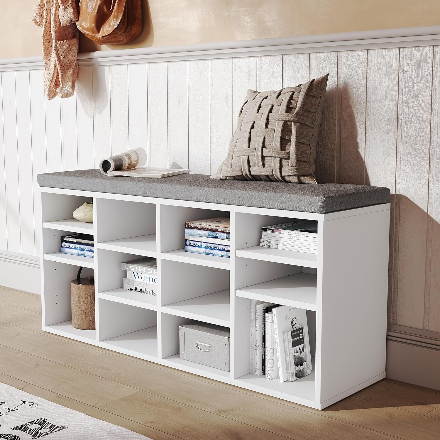White Shoe Storage Bench with Padded Seat, 14 Compartments, Adjustable Shelves