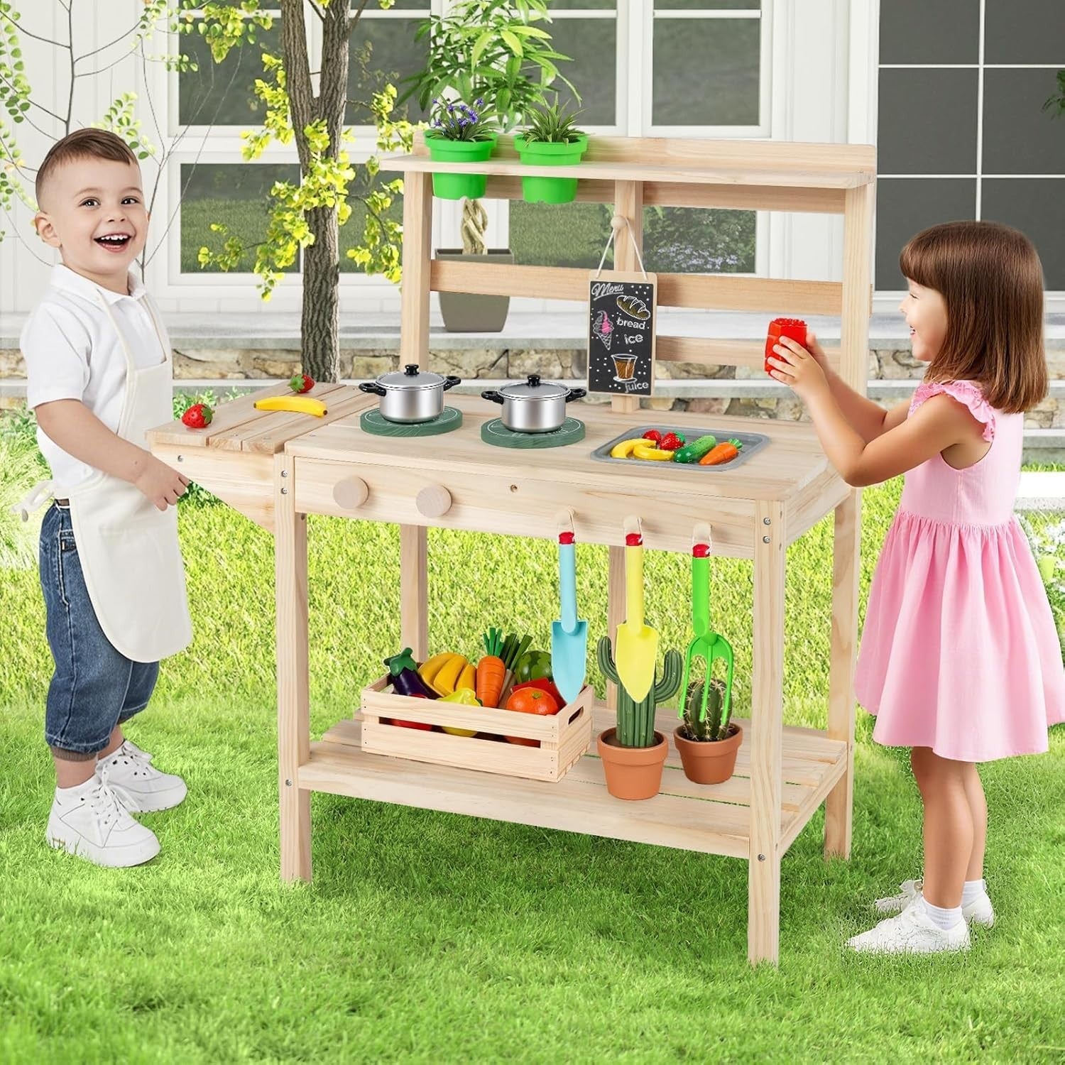 Outdoor Kids Mud Kitchen Wooden Playset Chalkboard Sink Toy