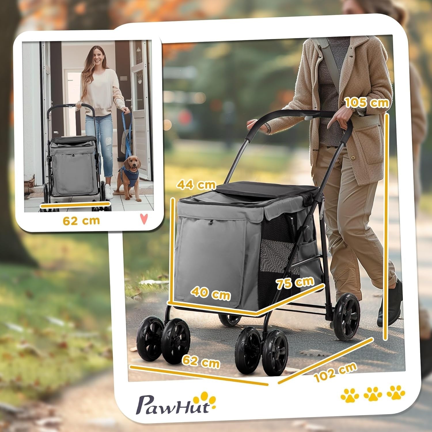 Dog Pram Pet Stroller 4 Wheel Pushchair Foldable Small Medium Dogs
