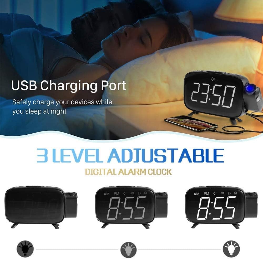 Projection Alarm Clock FM Radio 180° Ceiling Display Snooze LED Digital