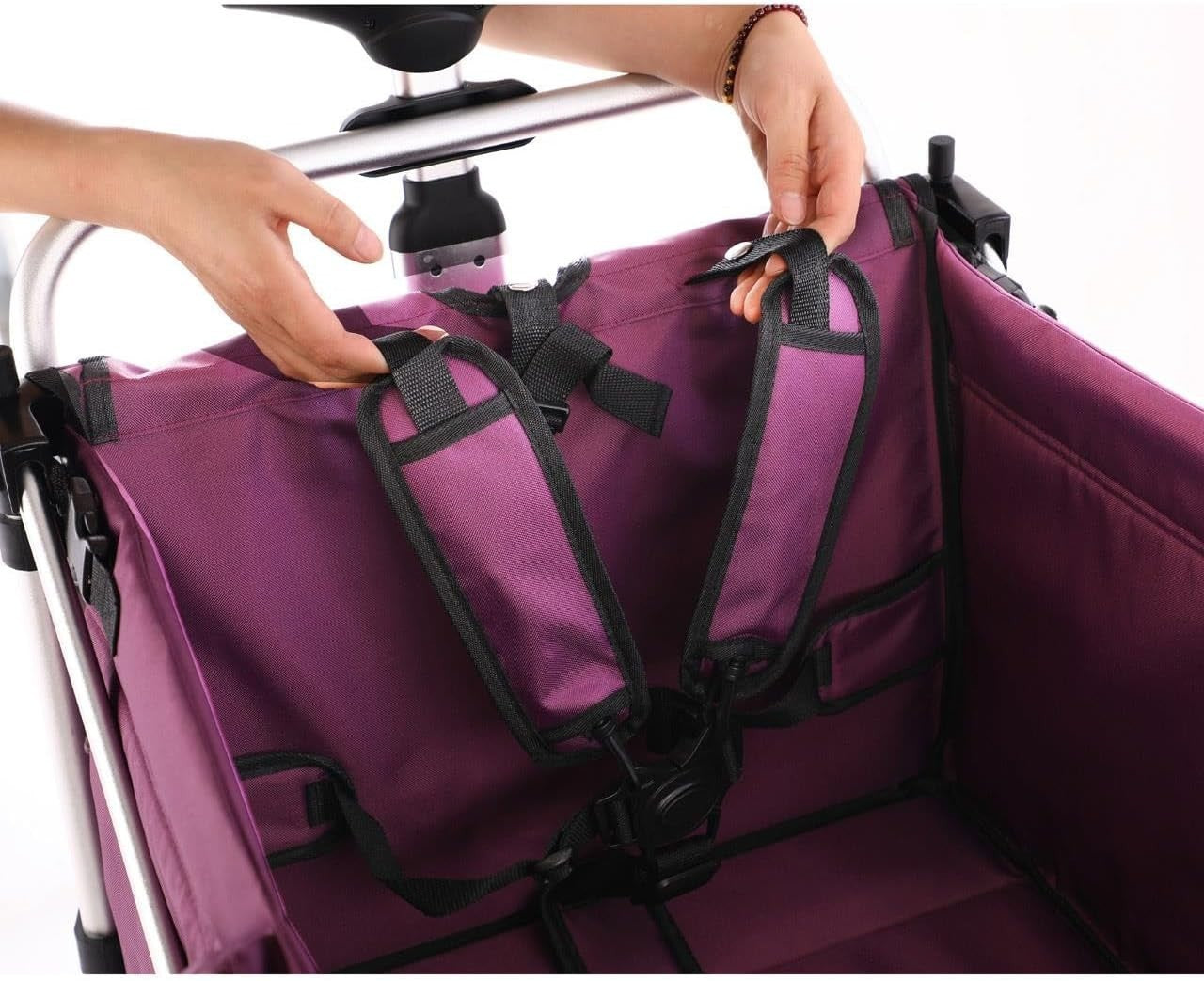 Purple 2-Seater Folding Stroller Wagon Kids Push Pull All-Terrain Cart w/ Canopy