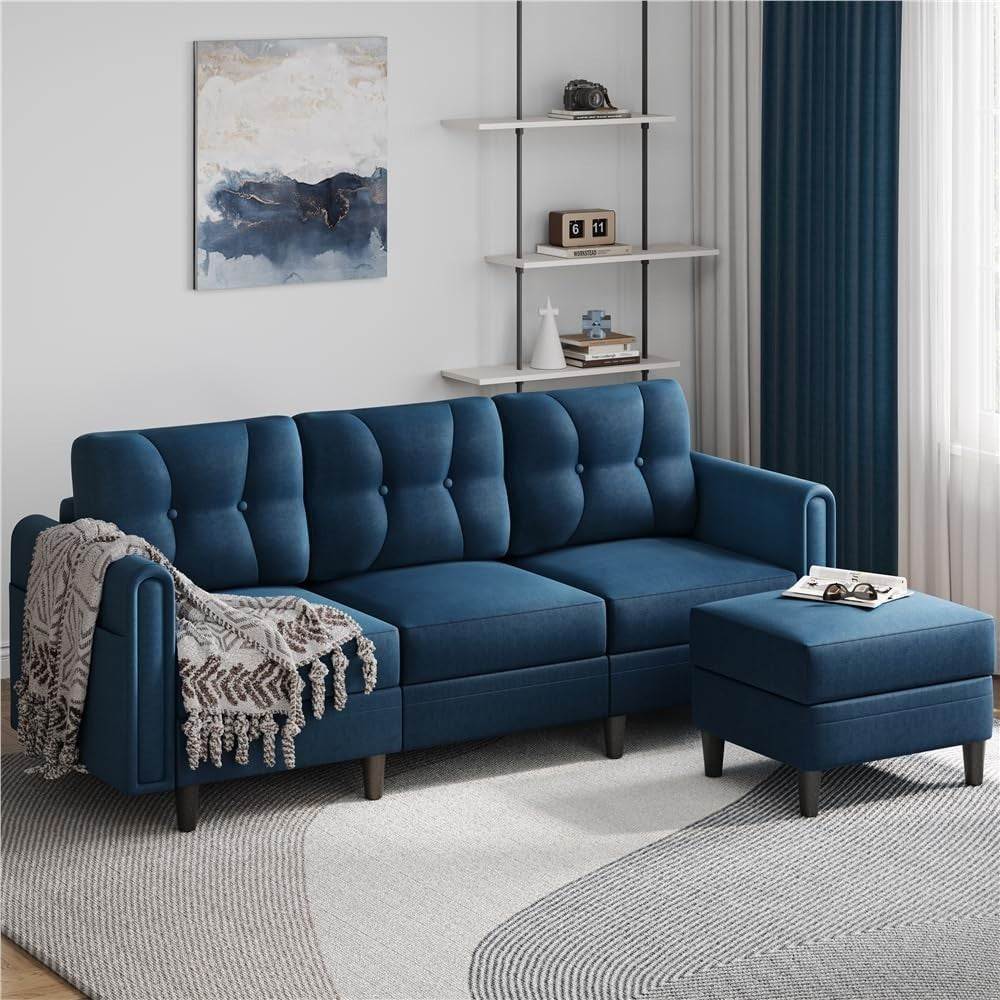 Velvet L-Shaped Corner Sofa with Ottoman 3-Seater Chaise for Small Spaces