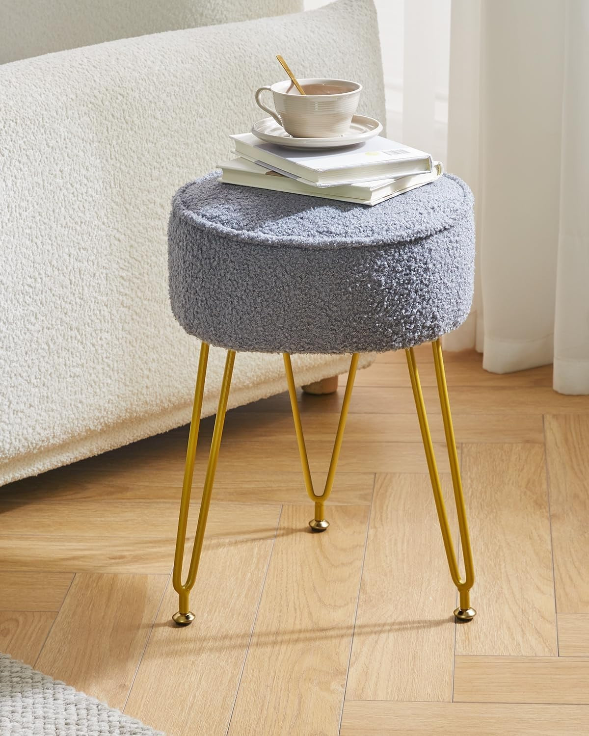 Teddy Velvet Round Footrest Ottoman – Cozy Vanity Stool with Metal Legs
