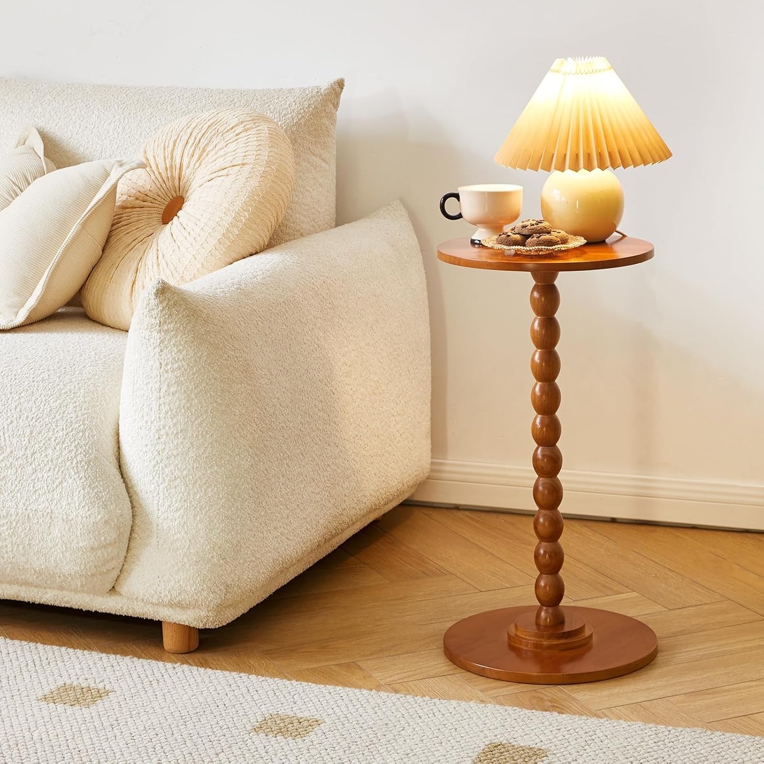 Cherry Wood Round Side Table – Modern Small Accent Table with Solid Wood Base