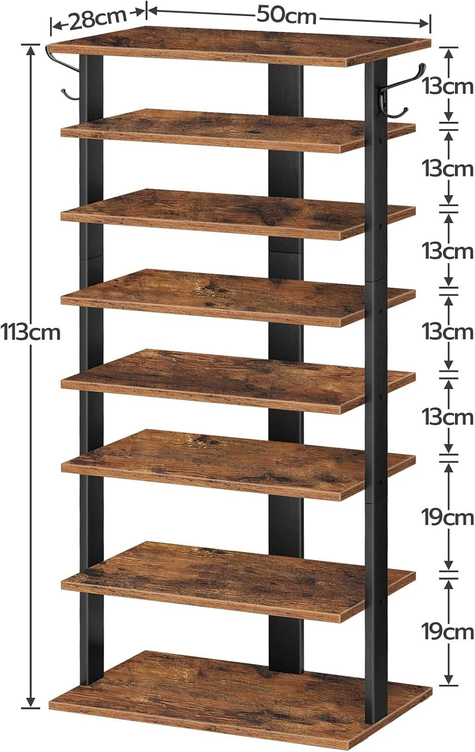Tall Narrow Wooden Shoe Rack 8-Tier Storage Organizer with Hooks Industrial