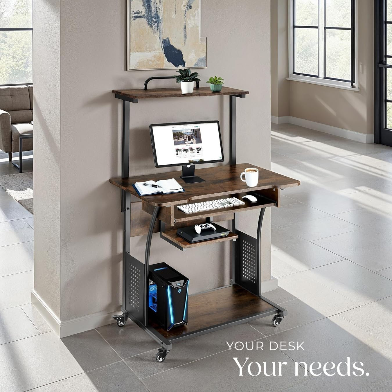 Dark Wood Mobile Computer Desk with 4 Tiers & Wheels for Home Office