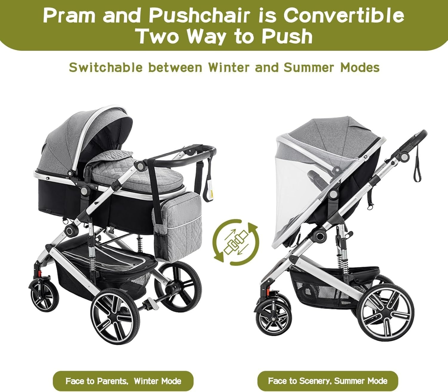 3 in 1 Baby Pram Travel System Compact Folding Stroller Newborn to 4 Years