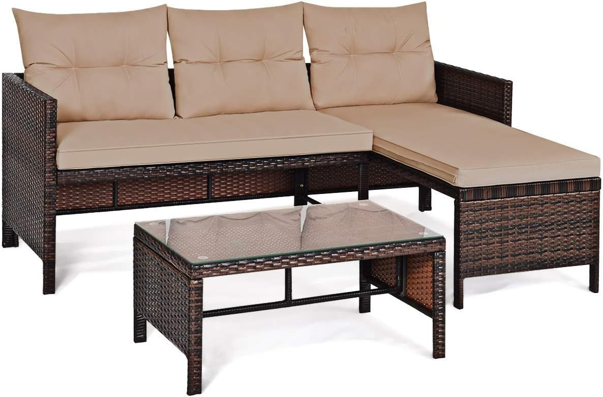 Outdoor Rattan Garden Sofa Set with Chaise Lounge & Tempered Glass Table