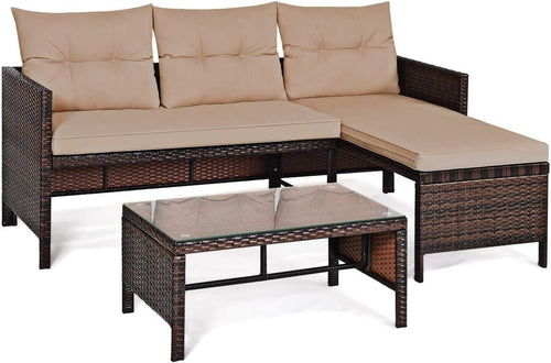 Outdoor Rattan Garden Sofa Set with Chaise Lounge & Tempered Glass Table