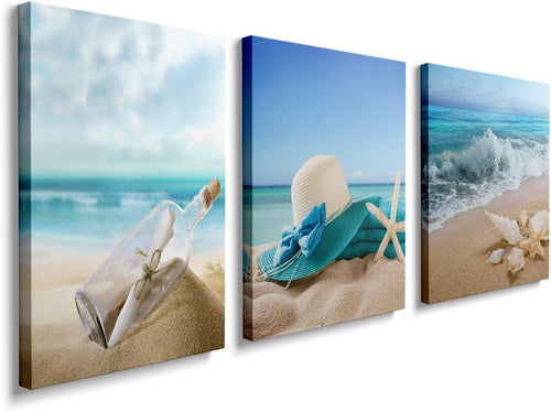 Framed Beach Canvas Wall Art Set of 3 16x12 Coastal Decor