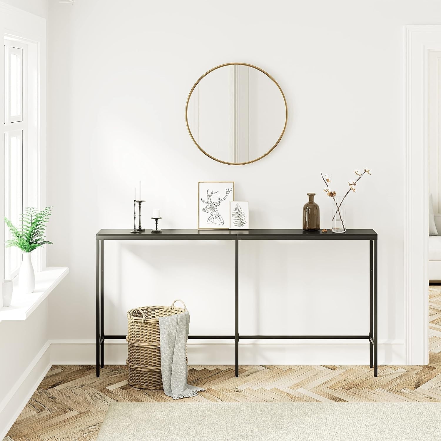 Slim Console Table Black Metal Frame Narrow Hallway Shelf 160cm Modern
