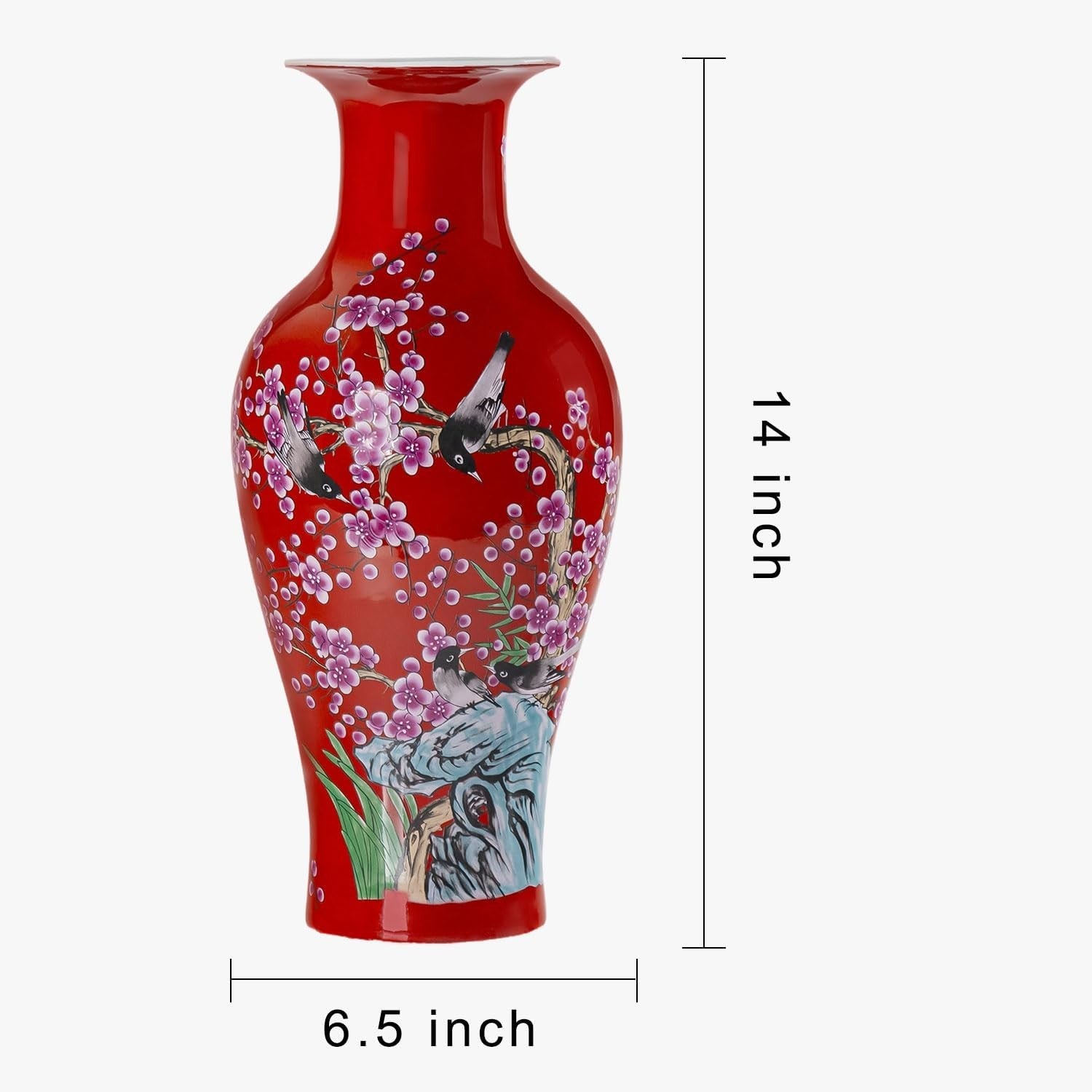 14 Inch Red Ceramic Flower Vase Hand Painted Elegant Table Centerpiece