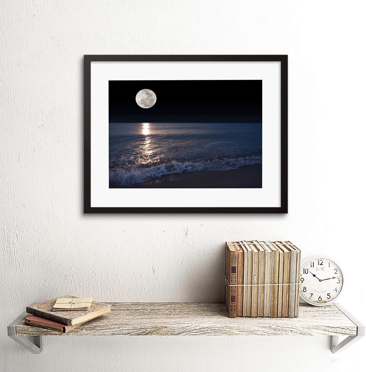 Full Moon Sea Canvas Wall Art Blue Night Framed