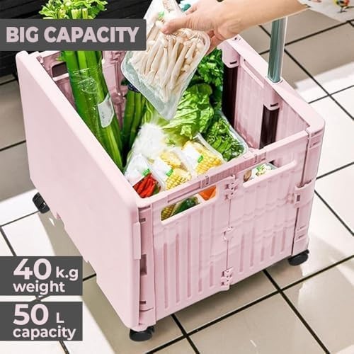 50L Foldable Shopping Trolley Cart 4 Wheels Lid 40kg Pull Along Utility