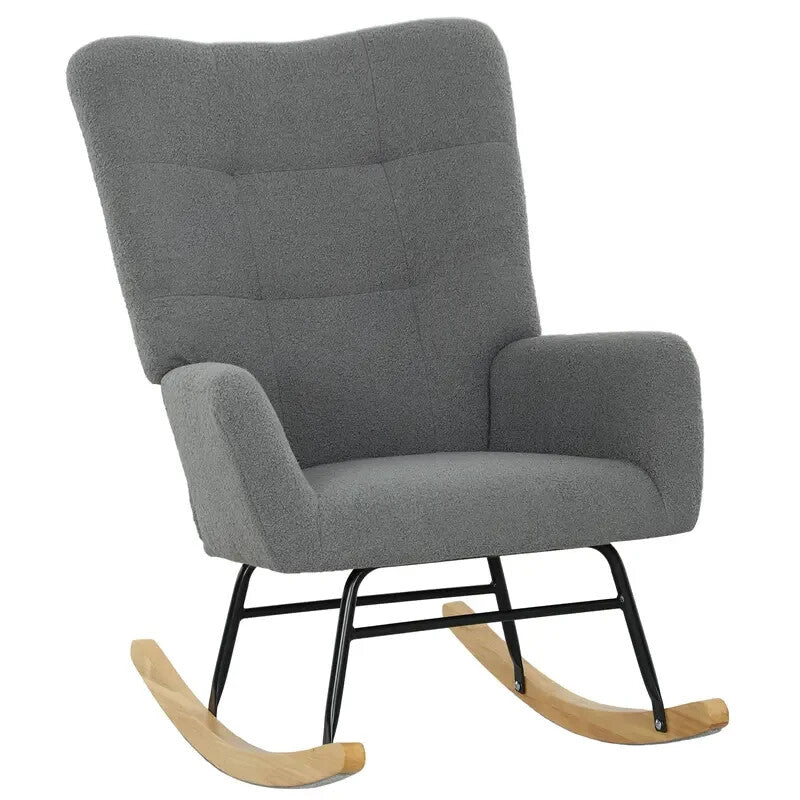 Grey Teddy Rocking Chair Armchair with Wood Base for Lounge Bedroom