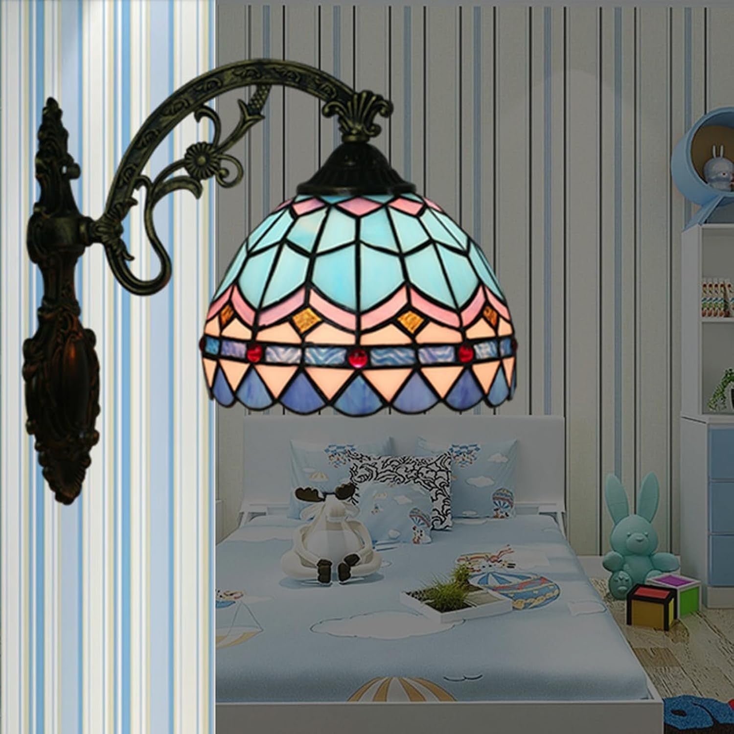 Mediterranean Stained Glass Wall Light 8in Vintage Indoor Sconce