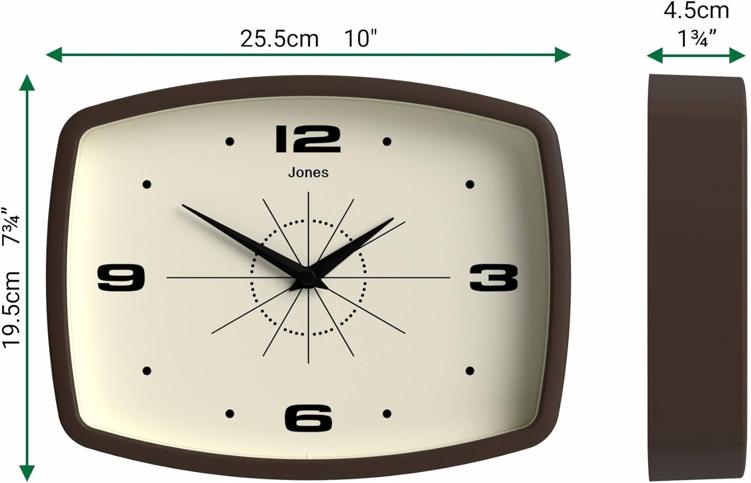 Retro 25cm Wall Clock Rectangle Silent Mocha Brown Kitchen Living Room Decor
