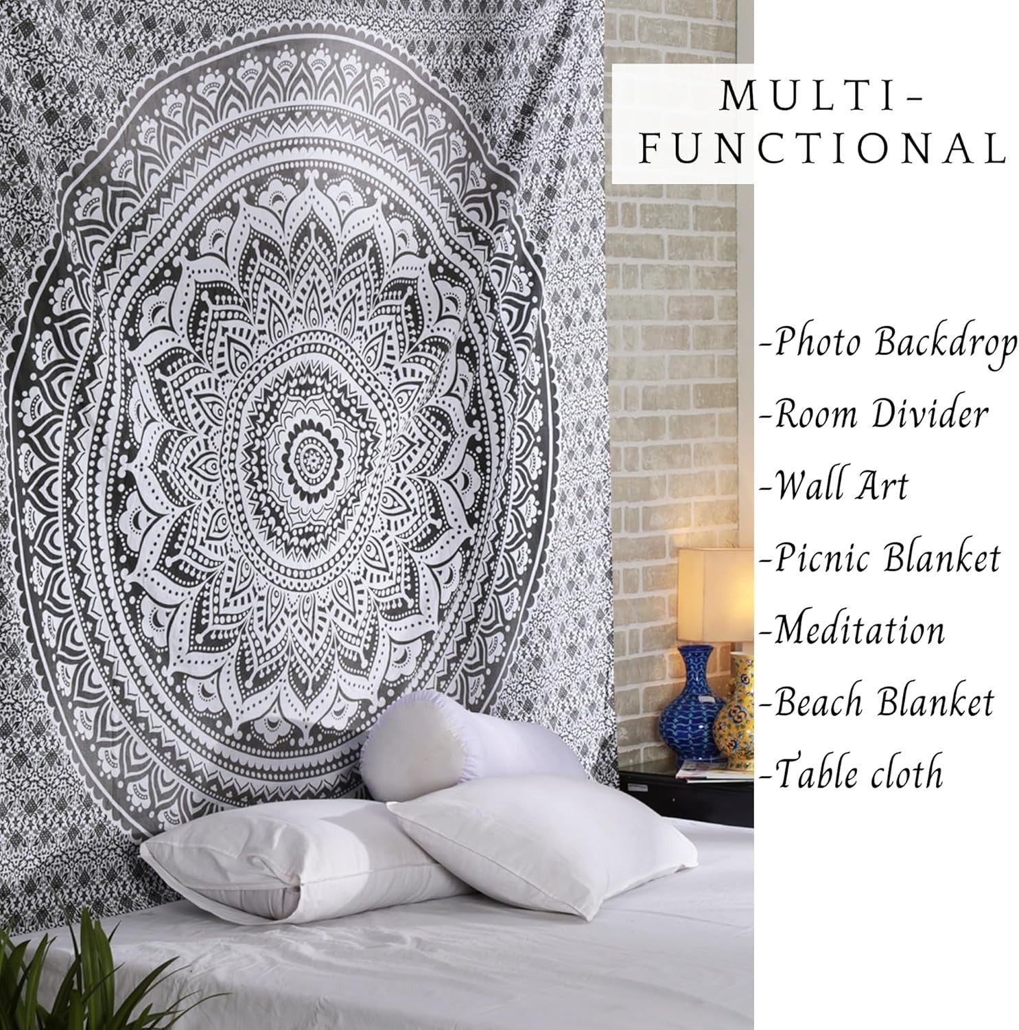 Grey Mandala Cotton Tapestry 137x213cm Boho Wall Hanging
