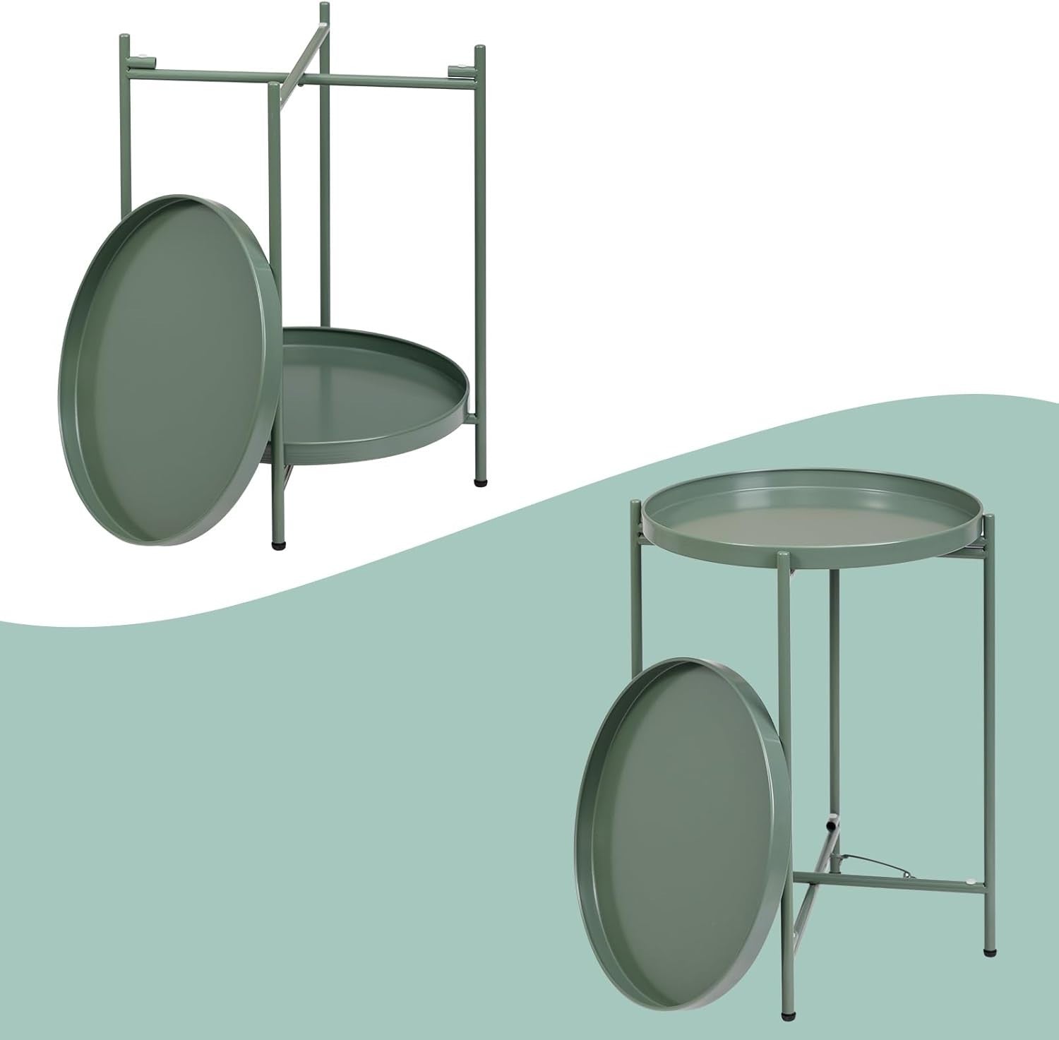 Small Round Metal Side Table 2-Tier Coffee Table Removable Tray Green