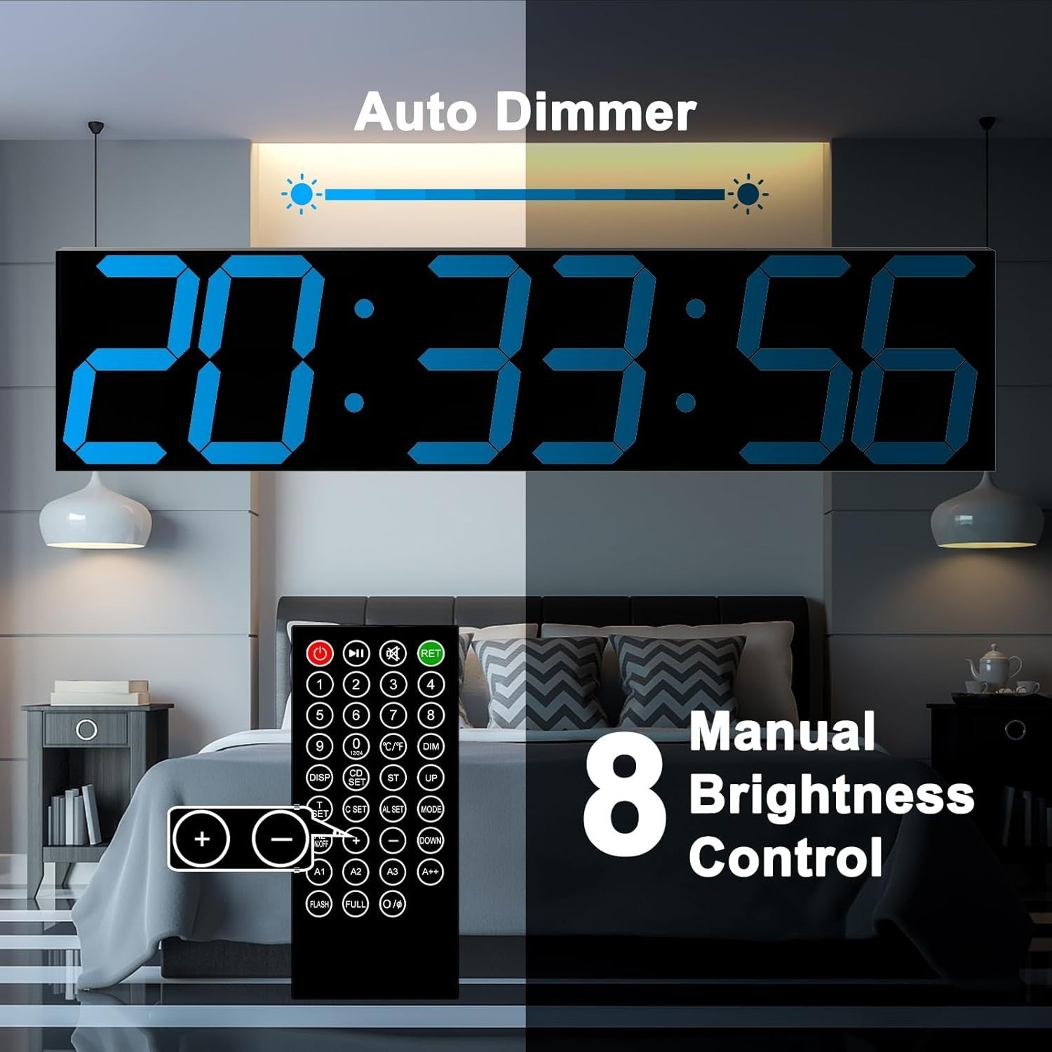 Oversized LED Wall Clock 27" Digital Timer Remote Date Temp Display Blue