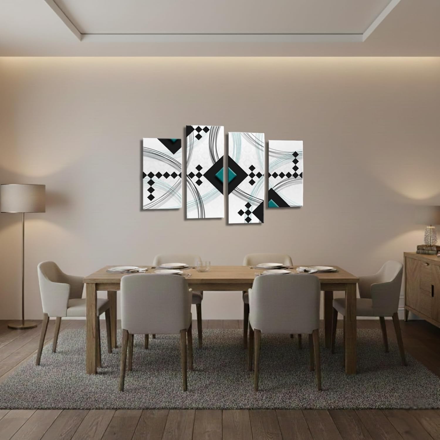 Teal Black White Abstract Wall Art 4 Panel Framed Canvas Set