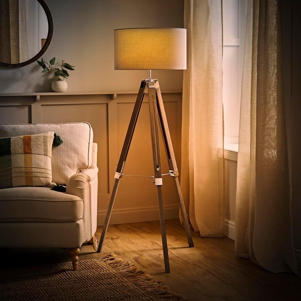 Modern Tripod Floor Lamp with Grey Drum Shade, Wood & Chrome, 154cm
