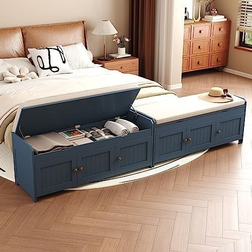 Blue Shoe Storage Bench with Cushion Seat 3-Door Cabinet & Hidden Compartment