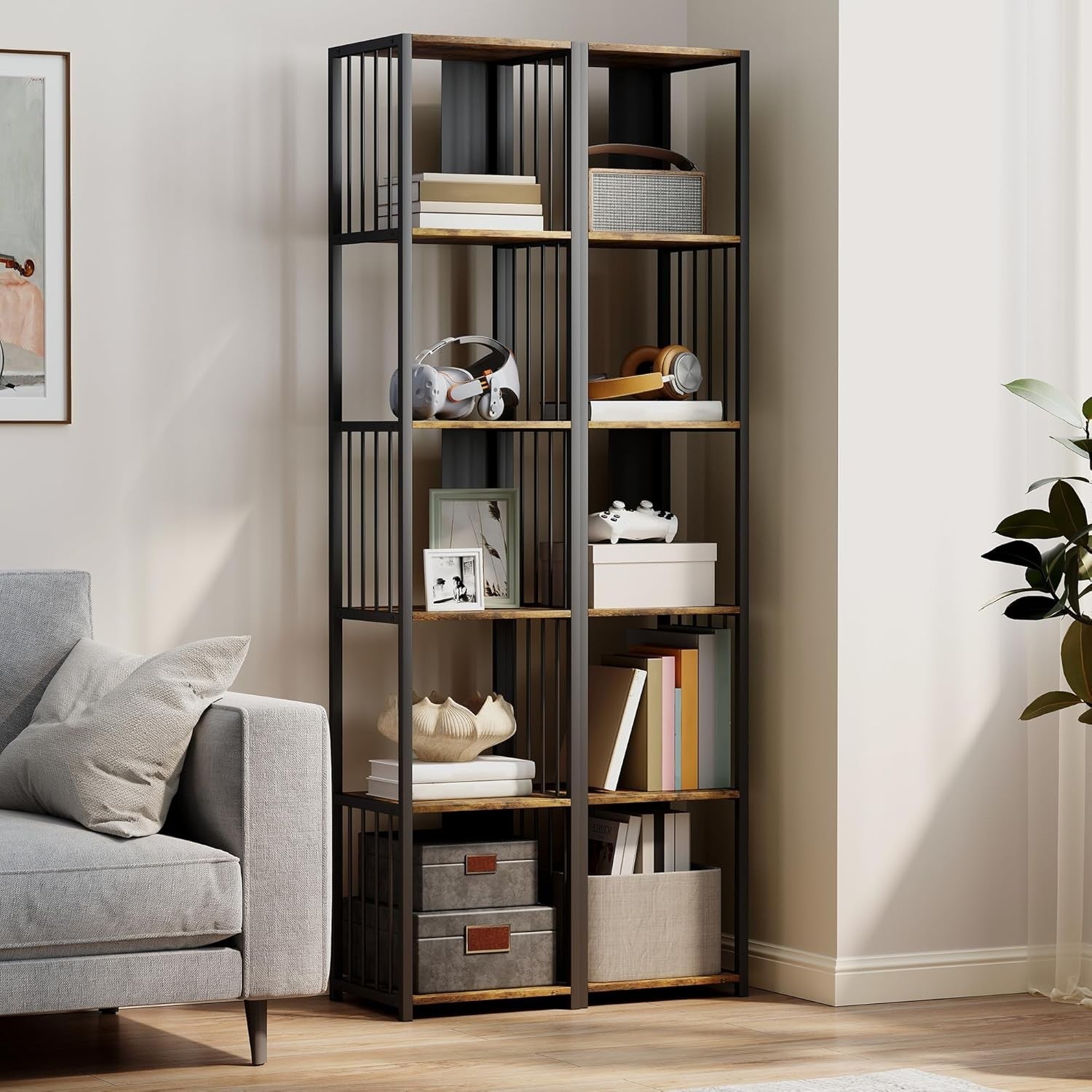 Tall 5-Tier Industrial Bookcase with Steel Frame & Open Shelves – Rustic Brown